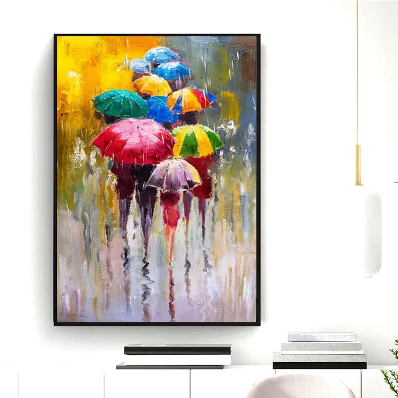 

Girl Holding Umbrella Art Canvas Oil Painting Abstract Street Rain Landscape Posters Prints Living Room Home Decor Wall Pictures