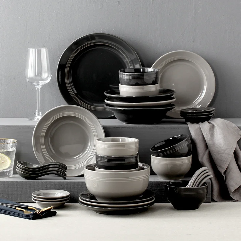 

Nordic Phnom Penh Ceramic Tableware Set Creative Dinner Plates Rice Soup Bowl Salad Dish Hotel Kitchen Black Grey Dinnerware