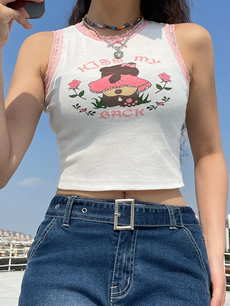 

Harajuku New Casual Cute Printed Lace Trim Bodycon Tank Top Sweet Bow Basic Summer Crop Tops Women Korean Sleeveless Vest Preppy