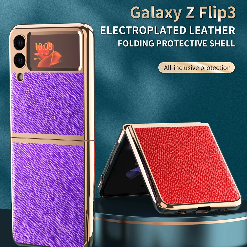 

Однотонный кожаный чехол для Samsung Galaxy Z Flip 3, чехол для телефона Z, складной полноразмерный чехол с гальваническим покрытием и защитой от падения