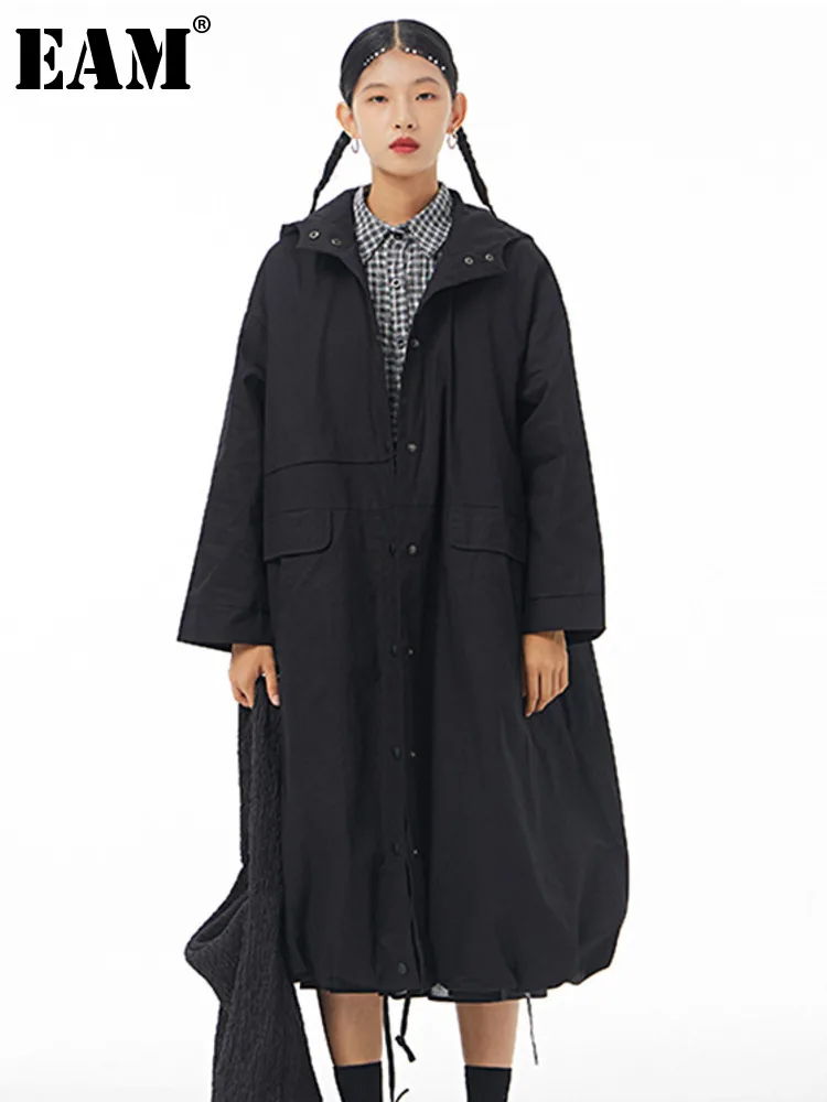 

[EAM] Women Black Big Size Long Trench New Hooded Long Sleeve Loose Fit Windbreaker Fashion Tide Spring Autumn 2023 1DH1925