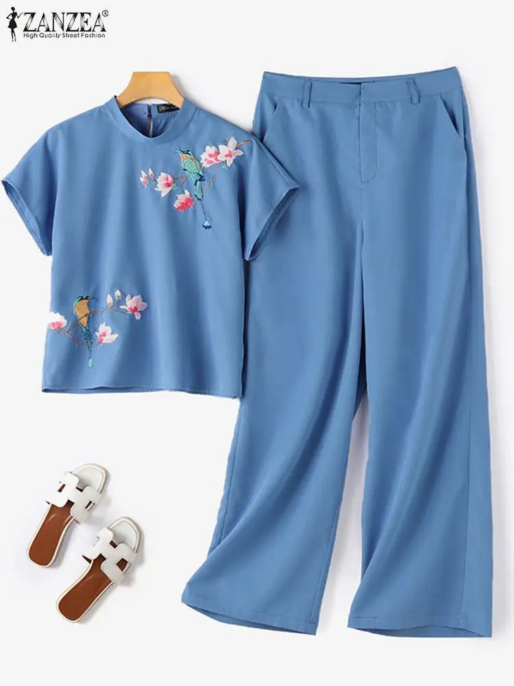 Костюм ZANZEA с цветочной вышивкой лето 2024 блузка коротким рукавом и