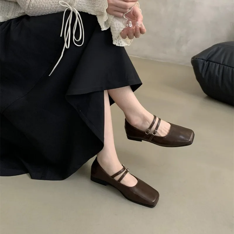 Women's Shoes 2024 Brand Mary Janes Flats Fashion Buckle Strap Office and Career New Square Toe Flat Low Heels Zapatos