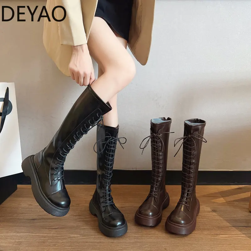 

2022 Winter Shoes Chunky Women Long Boot Fashion Knight Knee High Boot Lace Up Elegant Platform Flats Booties Zapatos Muje