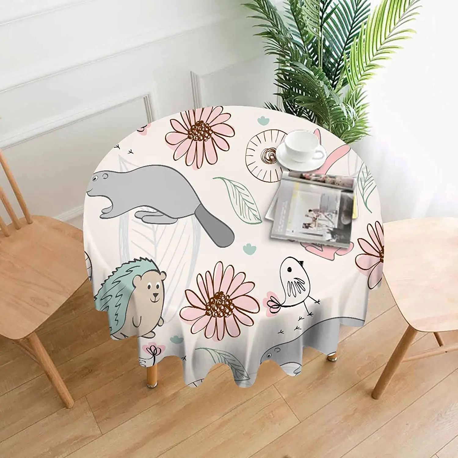 

Круглая скатерть с мультяшными дикими животными для круглого стола, чехол для стола, ежик, кролик, бобр, флора, птица для буфетного стола, пра...
