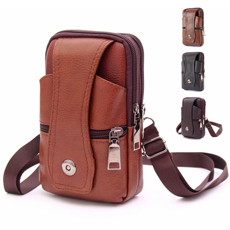 Men's Genuine Leather Mobile Phone Bag Male Vintage Crossbody Shoulder Small Belt Bag Outdoor Travel Waist Fanny Pack