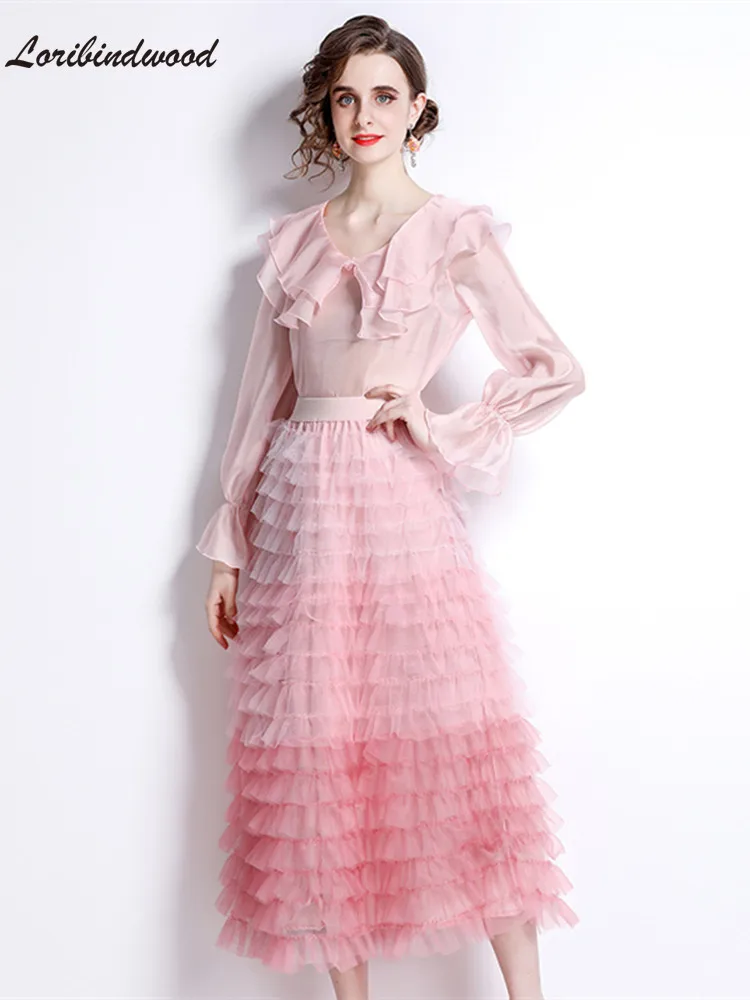 

Summer Sweet Girl See Through V Neck Ruffles Blouse Top + Tulle Gradient Elastic High Waist Mesh Long Pleated Cake Skirt Set