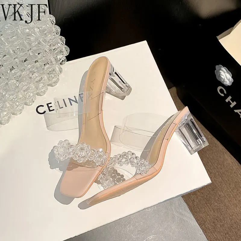 

2023 Newest Transparent High-Heeled Sandals Woman Fashion Crystal Rhinestone Chunky Heels Sandals Slippers Shallow High Heels