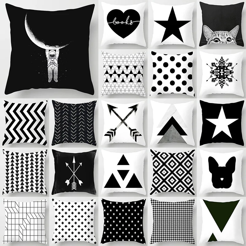 

White and Black Geometric Cushion Cover Polyester Geometric Pillowcase Decorative Pillow Home Decor Pillowcase