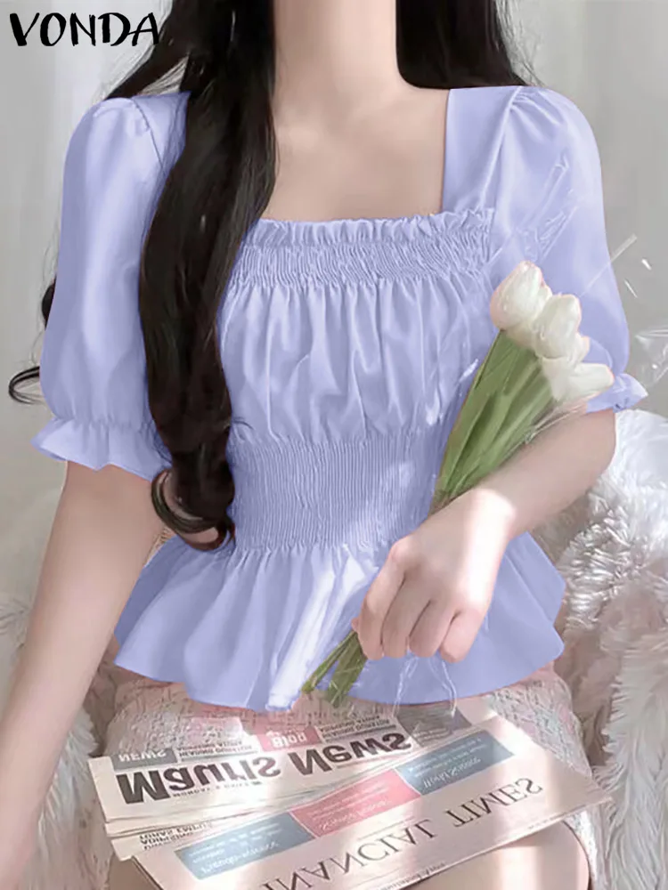

Summer Blouse Pleated Tops Women's Fashion Short Sleeve Square Collar Shirt VONDA 2022 Casual Solid Color Blusas Feminina