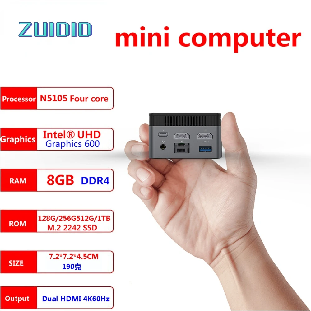 ZX01 Quard Core Intel N5105 2.9GHZ Windows 11 Mini PC DDR4 8GB 128GB M.2 NGFF SSD 1000M Lan 5G Wifi BT4.2 Computers Pocket Pc