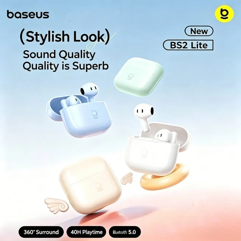 Фото Беспроводные наушники Baseus BS2 Lite A0010A TWS, Bluetooth 6.0, 3.3 г, 40 часов работы, 360° звук °   Беспроводные наушники с объемным звуком, защитой IP55 и шумоподавлением ENC №1