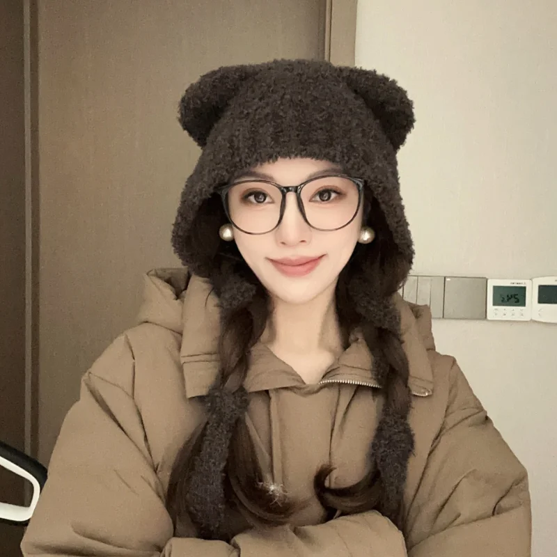 

Cute Bear Hat Bear Ears Warm Hats Women Solid Woolen Beanies Fashion Casual Bonnet Winter Warm Bonnets Rabbit Fur Beanie