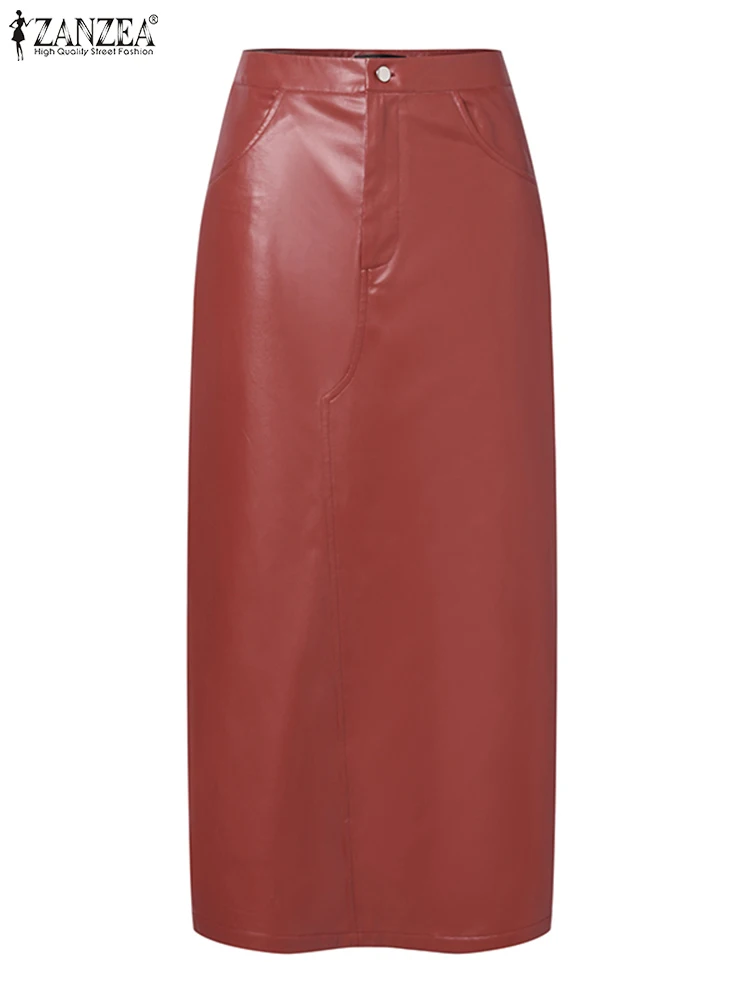 Юбка ZANZEA женская из искусственной кожи элегантная Макси-юбка с разрезом сзади
