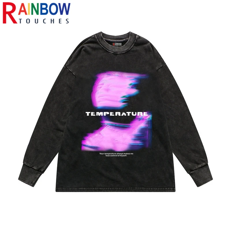 

Rainbowtouches News Long Sleeved T-shirt Men High Street Fashion Horse Print Wash Old Darkly Autumn Coat Unisex Superior Quality