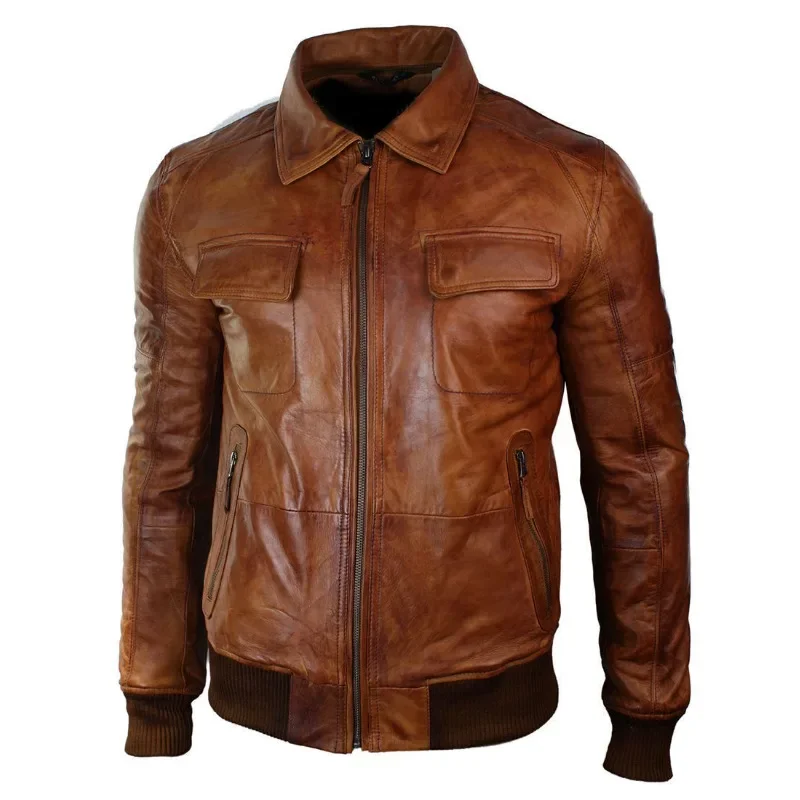Мужская кожаная куртка коричнево-коричневого цвета со съемным меховым