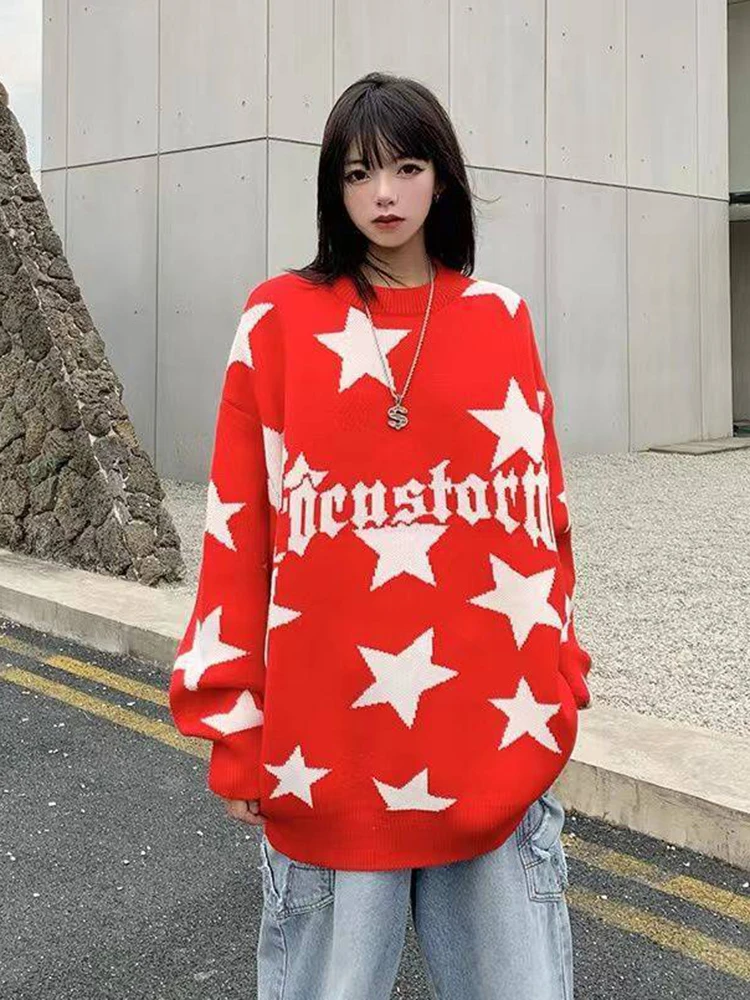 Свободные свитера с принтом звезды Zoki женские винтажные уличные пуловеры