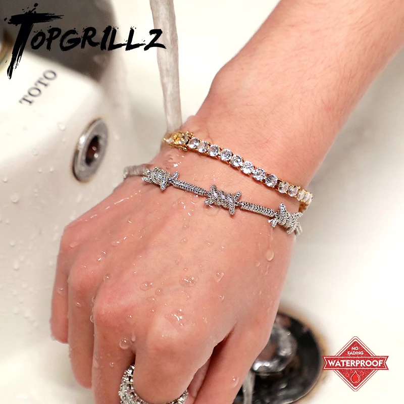 

TOPGRILLZ No Fading 3mm-5mm Mens/Women Cubic Zirconia Waterproof Tennis Bracelet Hip Hop Jewelry Iced Out 1 Row Charms Bracelet