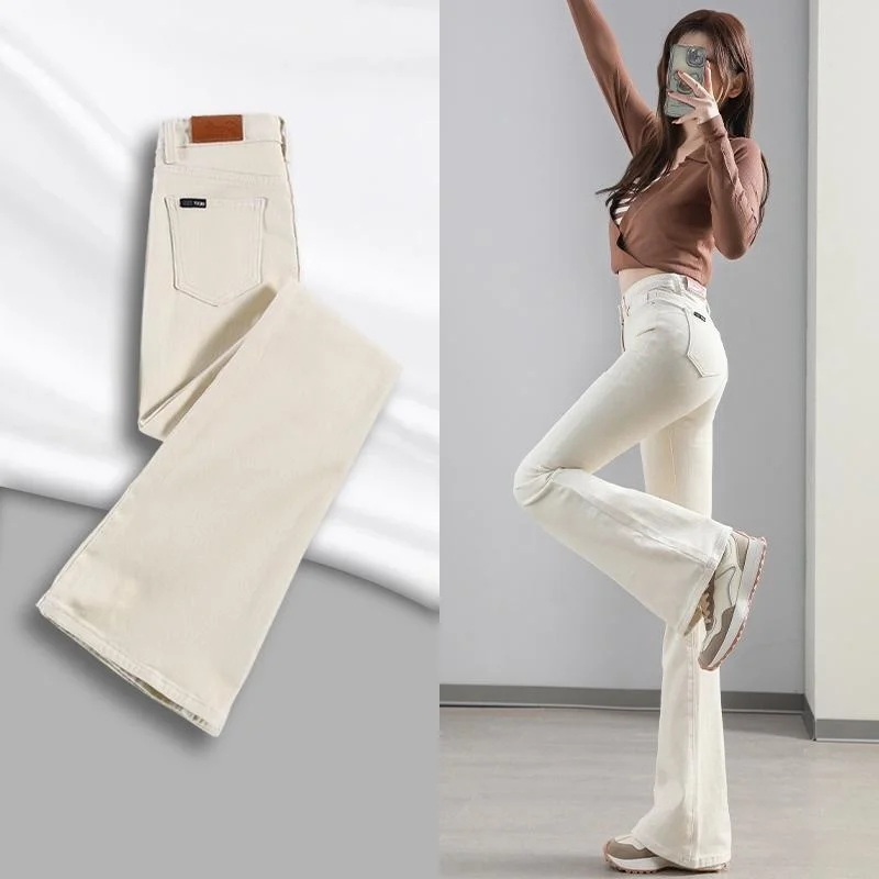 

Streetwear Fashion Women Flare Jeans Spring Autumn High Waist Full Length Pants Button Off-white Office Casual Wide Leg Tro