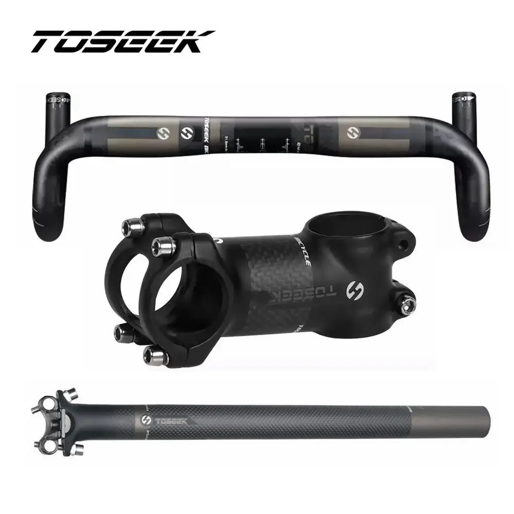 

TOSEEK Carbon Fiber Bike Road Handlebar Sets Bent Bar Stem Seat Post Bicycle MTB Road Cycling Parts