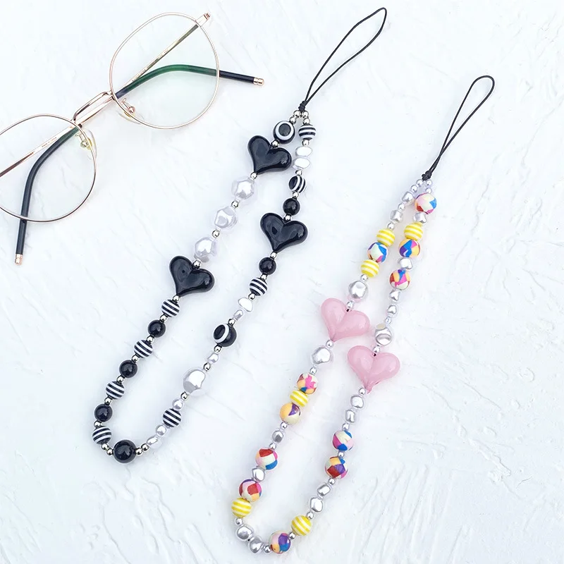 

New Fashion Black Pink Heart Acrylic Beaded Imitation Pearl Mobile Phone Chain for Women Anti-lost Strap Jewelry Gifts Key Chain