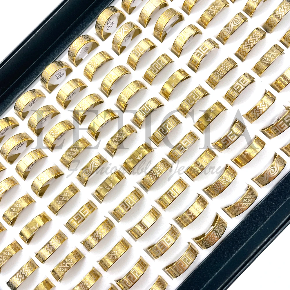 

50/100Pcs Fashion Gold Vintage Punk Pattern Matte Brushed Ring For Men Stainless Steel Ring Unisex Gift Box For Men's Rings