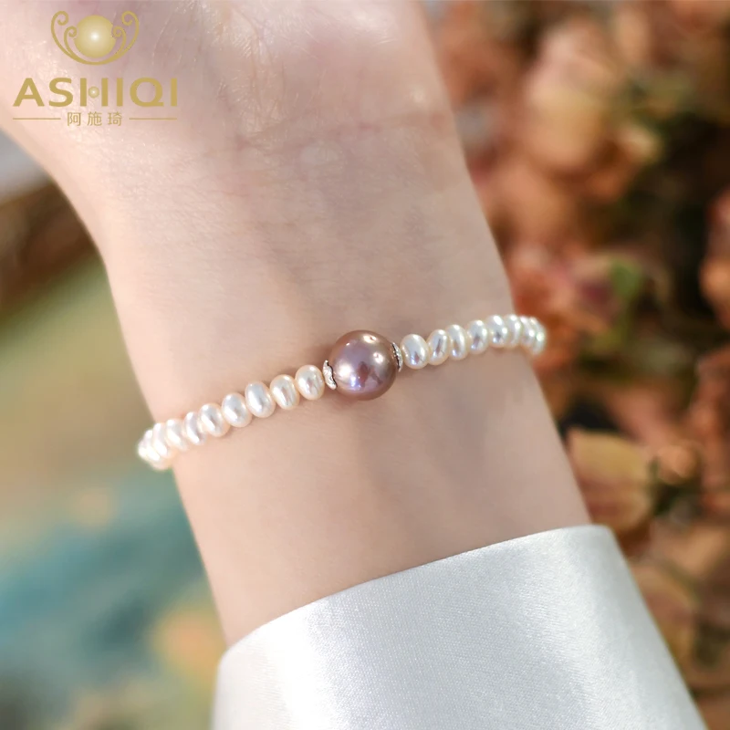 

ASHIQI Natural Freshwater Pearl Edison Purple Pearl Bracelet Fashion Jewelry for Women Gifts