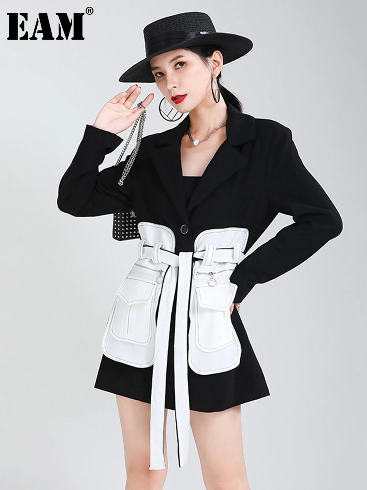 

[EAM] Women Black Pocket Contrast Color Bandage Blazer New Lapel Long Sleeve Loose Fit Jacket Fashion Spring Autumn 2022 1Z668