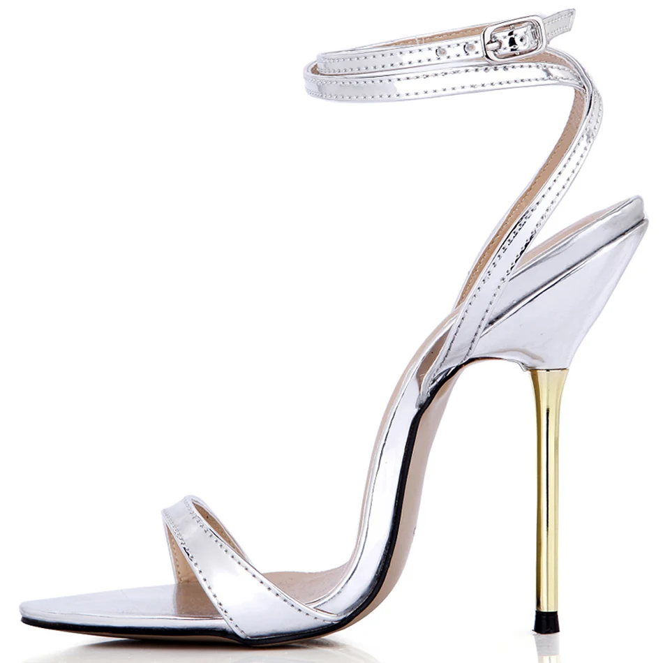 

High Heel Sandal Sexy Stiletto Women Shoe Silver Patent Party Dress Evening Heeled Sandal Fashion Ankle Strap Lady Shoes 3845-i