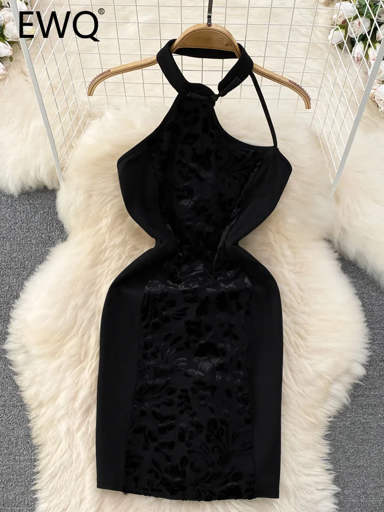 

EWQ Sweet Style Halter Jacquard Weave Sleeveless Backless Solid Color High Waist Women's Dress 2023 Summer New Dresses 27SN2556