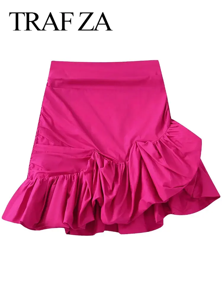 

TRAF ZA Summer Women Solid Rose Red Skirt Simple Slim Sexy High Waist Ruffled Pinch Pleats Fluffy Hem Sweet Cute Ladies Fashion