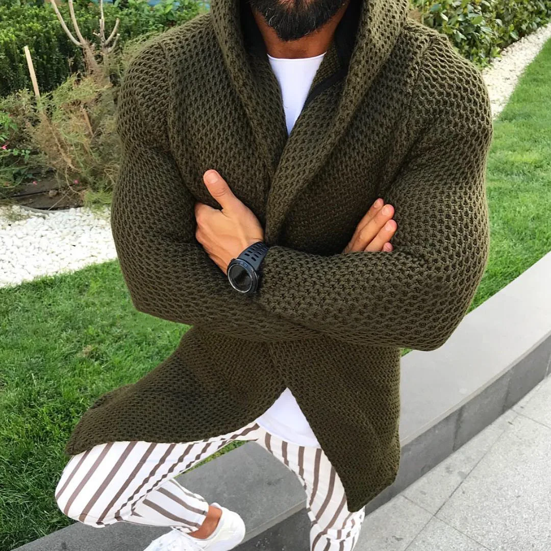 Men Sweater Cardigan New Autumn Winter Slim Solid Color Long Sleeved Cardigan Hooded Knitted Sweater Men's Top