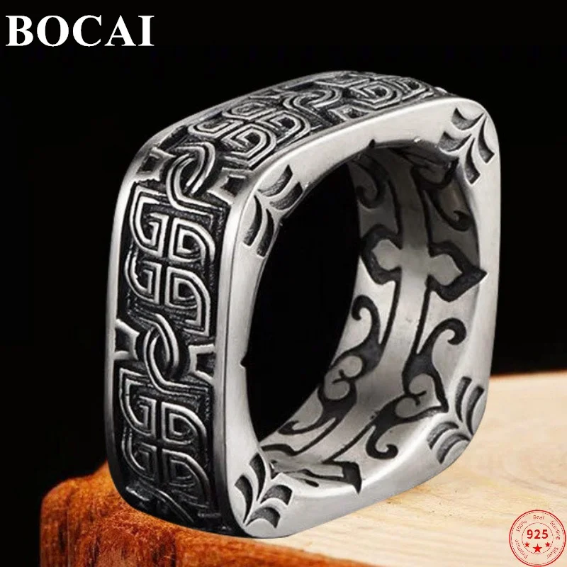 

BOCAI Trendy S925 Sterling Silver Ring 2022 New Fashion Retro Totem Pangu Square Circle Pure Argentum Jewelry for Women Men