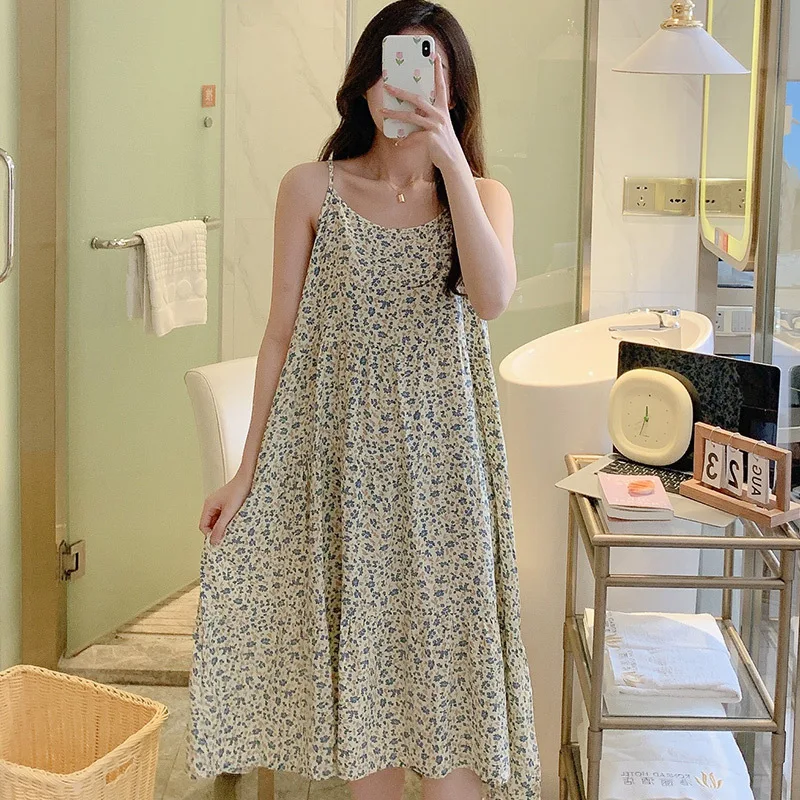 Women's Thin Cotton Nightgown Long Slip Sleep Dress Summer Loose Sleepwear Floral Print Nightwear Nightdress Casual Home Clothes