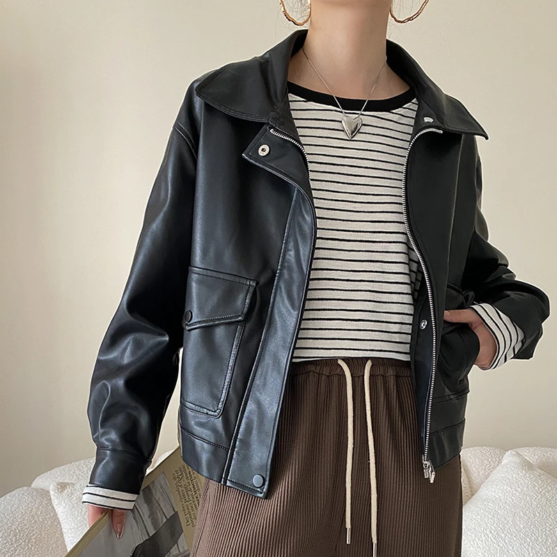 Autumn and Winter New Removable Two Piece Leather Coat Short Jacket Black Zipper Casual Jacket Women's Wear
