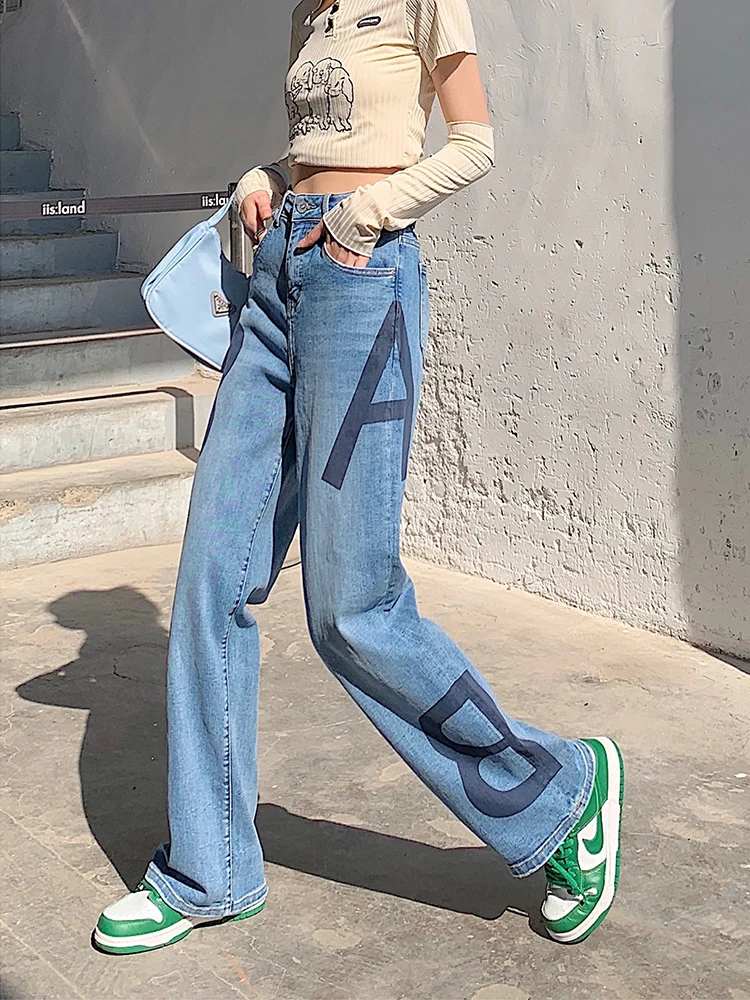 

Vintage Letter Printed Wide Leg Gothic Jeans Women Y2K High Waist Jeans Trousers Casual Cargo Pants Straight Baggy Punk Clothes