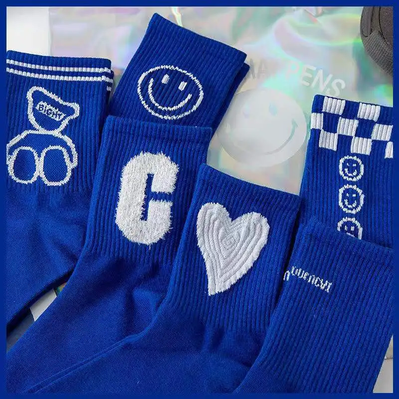 Fashion New Ins Style Girl Socks Set 10 Pairs Funny Cartoon Smile Letter Heart Blue Middle Tube Women's Sports Socks