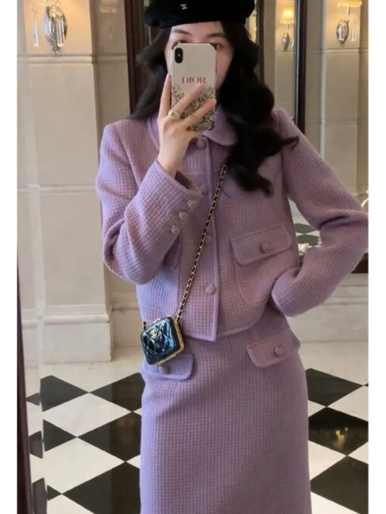 

Весна OL твидовый комплект из двух предметов, Женская юбка, корейская мода, куртка с длинным рукавом + юбка миди, костюмы, винтажный Женский комплект из 2 предметов