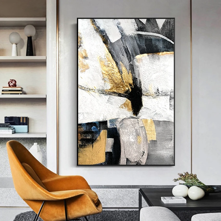 Одиночная Настенная роспись черный белый золотой лист ручная работа картина