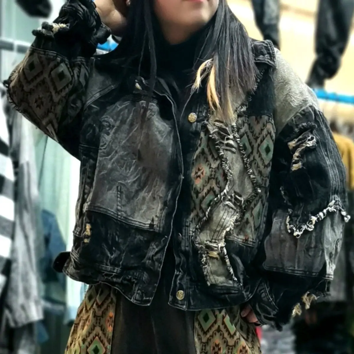 

Женская джинсовая куртка с узором ромбиками, свободная винтажная куртка с карманами, модель XC052 большого размера в стиле пэчворк, 2023