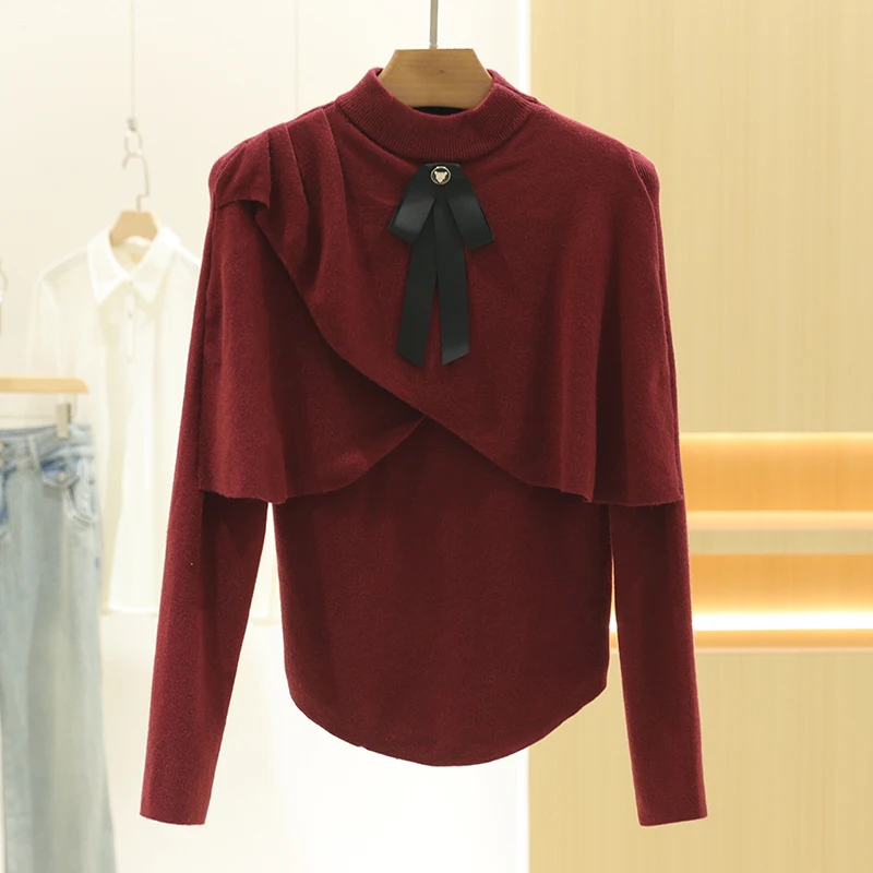 [Sha] Elegant Small Stand Collar Fake Two-Piece Commuter Slimming Long sleeve Knit sweater 24 Winter New Withdraw from Cupboa...