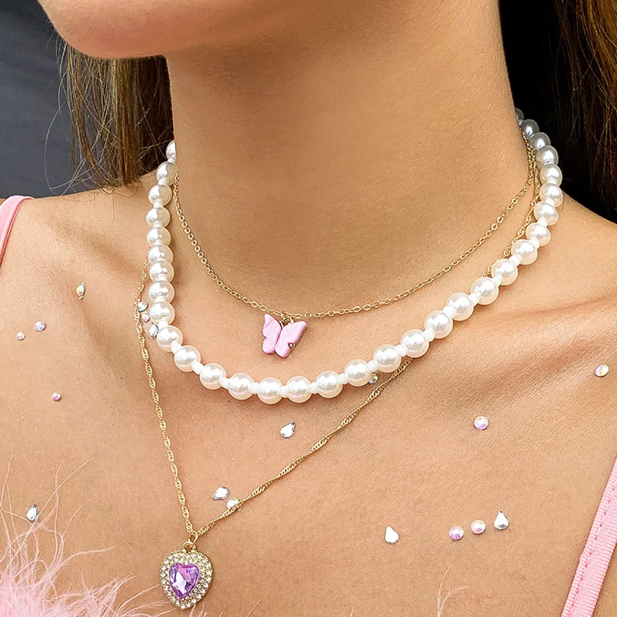 

Boho Pink Butterfly Crystal Peach Heart Pendant Necklace 2023 Multi Layered Sweet Imitation Pearl Girl Wedding Fashion Jewelry