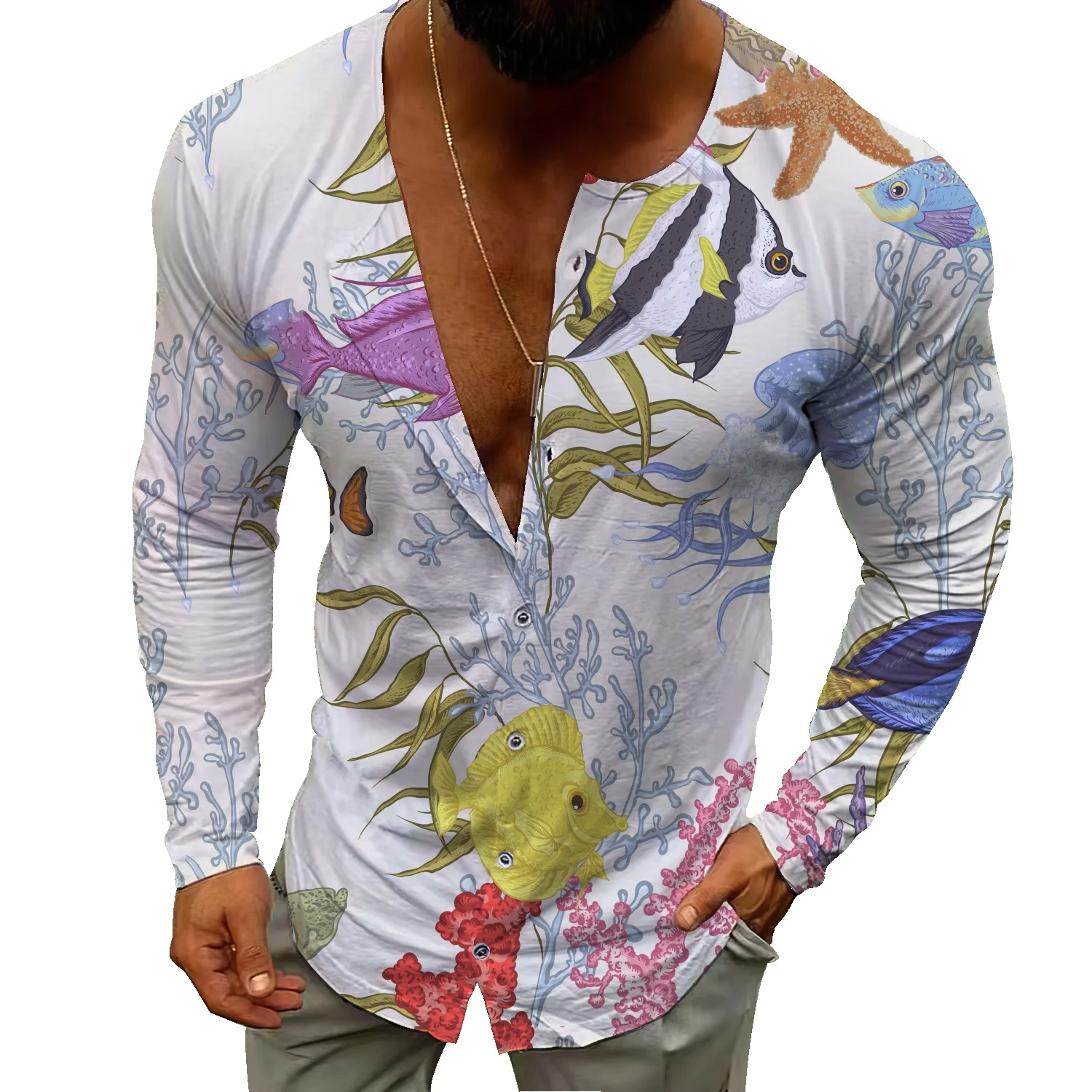 

Marine coral pattern cardigan sweater men's autumn and winter jacket men's men's Japanese style Henry collar sweater