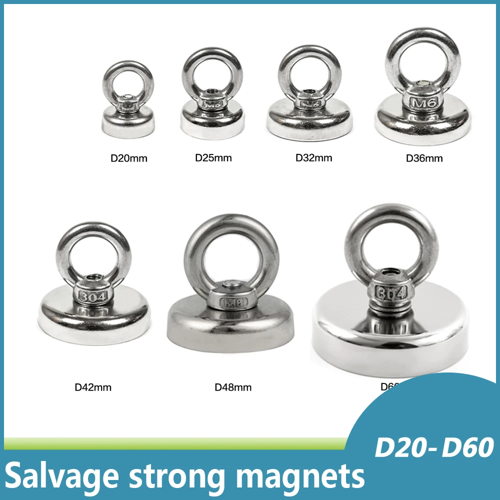 

D20~D60 Strong Neodymium Magnet Salvage Magnet Deep Sea Fishing Magnets Holder Pulling Mounting Pot with Ring Eyebolt