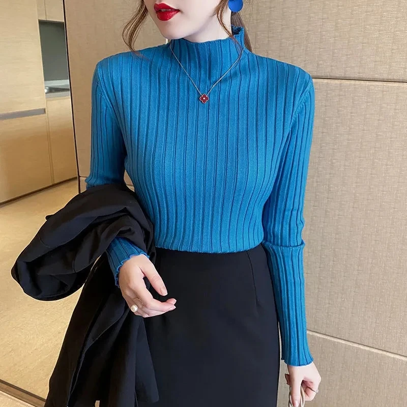 

Mock Neck Solid Color Knitted Sweater Top Autumn Winter New Long Sleeve Casual Slim Stretchy Ribbed Pullover Women Korean Female