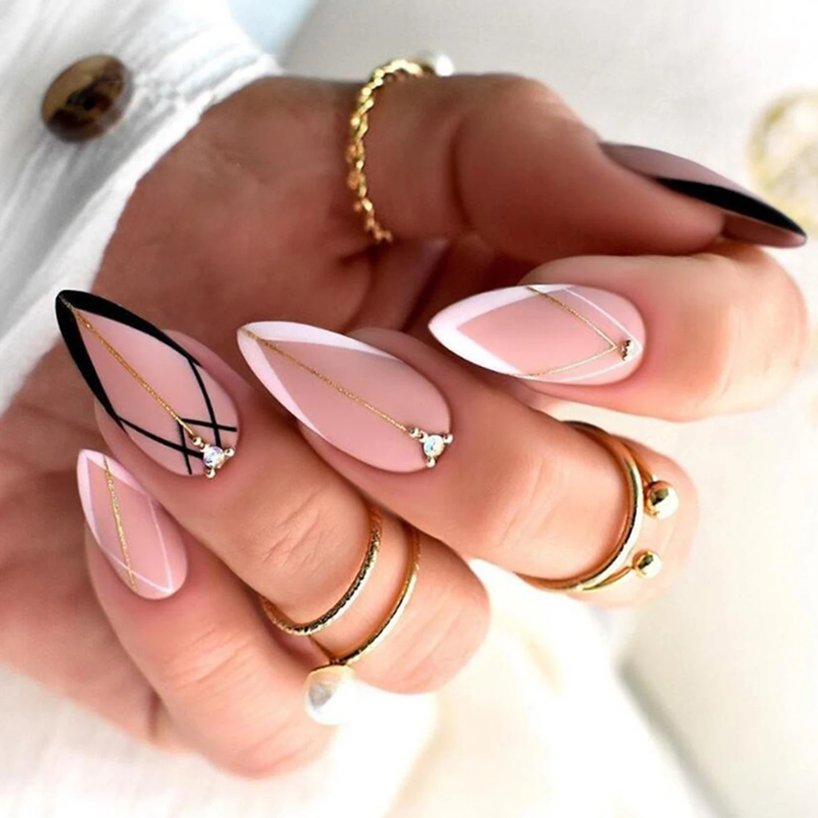 

24pcs Geometric Fake Nails Press On Long Stiletto Nail Wearable Black White French Style False Nails With Designs Full Nail Tips