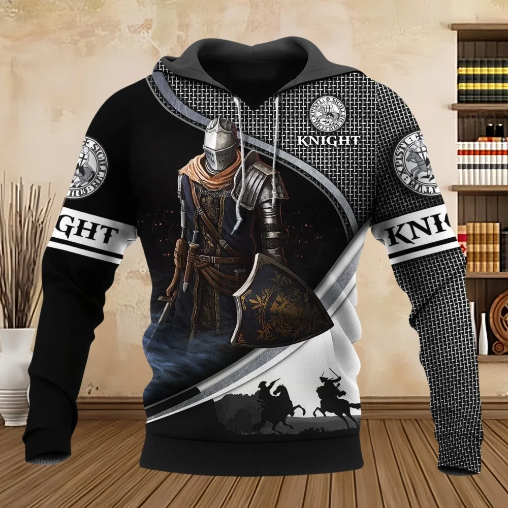 Осенняя толстовка с капюшоном для мужчин винтажный рыцарский принт модный