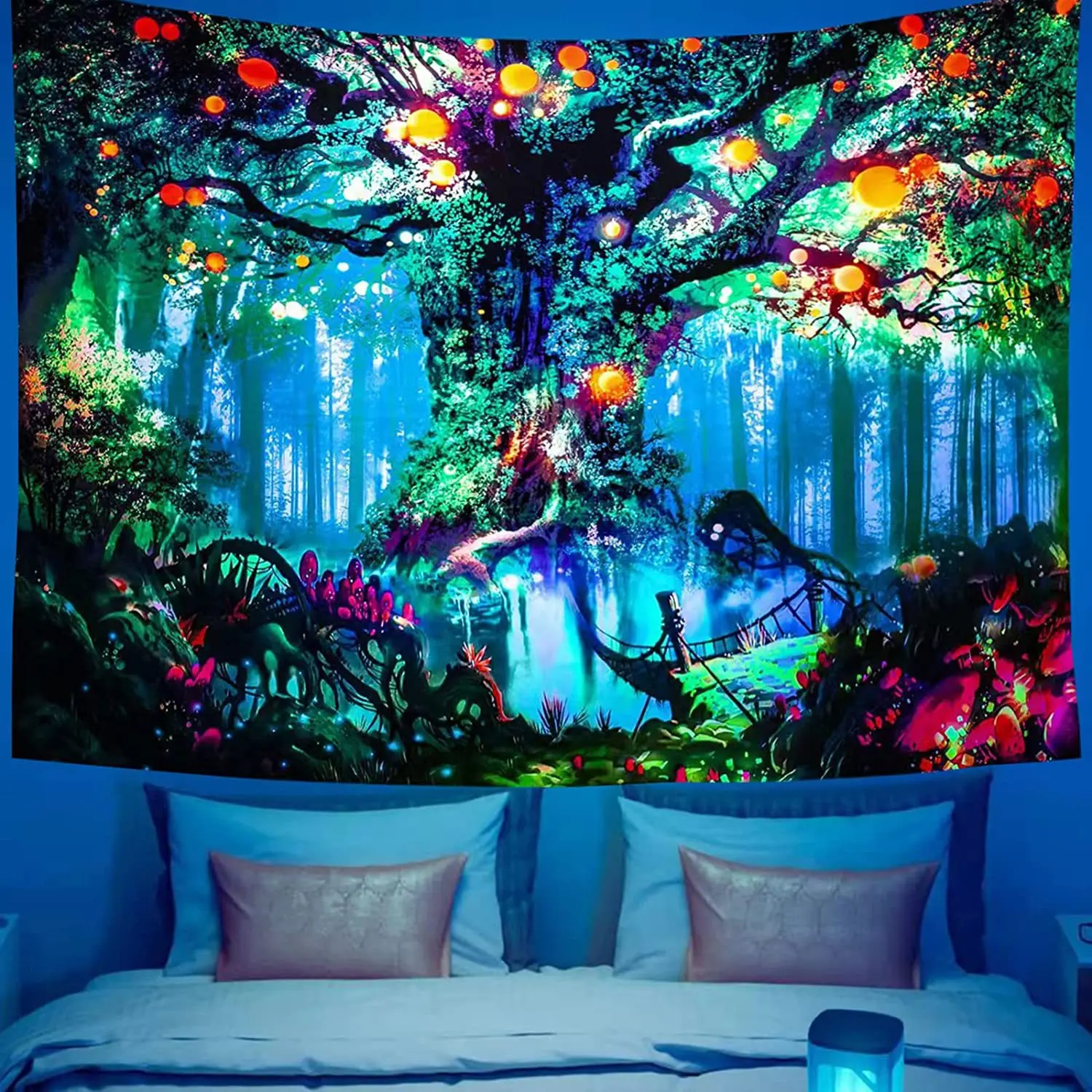 

Psychedelic Black Light Colorful Life Tree Flourescent Tapestry UV Reactive Tapestries Wall Hanging Hippie Tapestry Room Decor