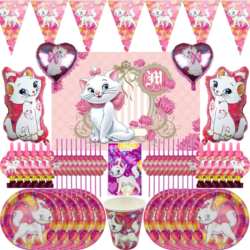 ピンクの猫の漫画,誕生日パーティーの装飾プレート,テーブルクロス,ナプキン,柔軟なストロー,テーブルクロス