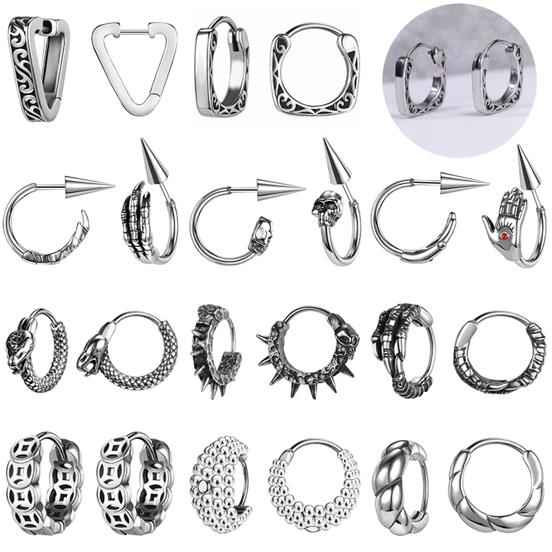 

AOEDEJ Vintage Hoop Earring Stainless Steel Round Earring Punk Skull Hoop Earring Claw Snake Earring Men Gothic Hoop Earring